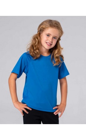 Camiseta deportiva unisex para niños de manga raglan corta con costura decorativa en media manga. Etiqueta removible. Disponibl